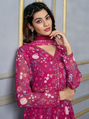 Pink Floral Printed V-Neck Sequinned Anarkali Kurta With Dupatta - Inddus.com