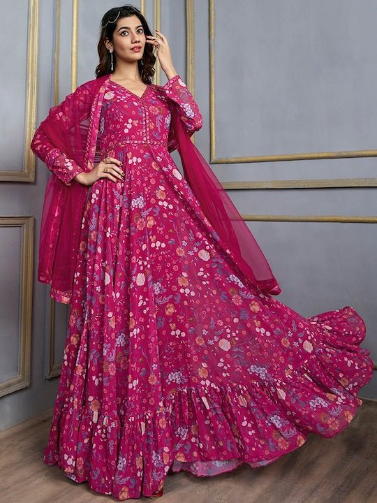 Pink Floral Printed V-Neck Sequinned Anarkali Kurta With Dupatta - Inddus.com