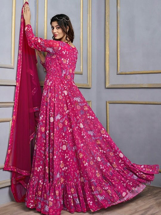 Pink Floral Printed V-Neck Sequinned Anarkali Kurta With Dupatta - Inddus.com
