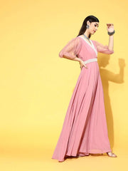 Pink Georgette Partywear Self Design Dresses - Inddus.com