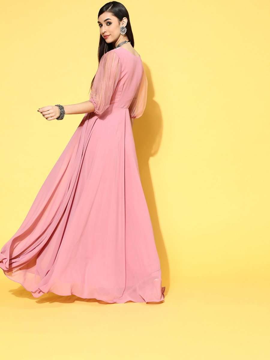 Pink Georgette Partywear Self Design Dresses - Inddus.com
