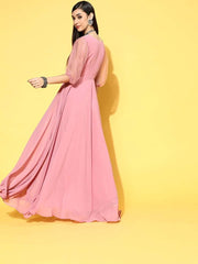 Pink Georgette Partywear Self Design Dresses - Inddus.com