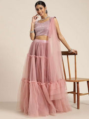 Pink & Gold-Toned Embroidered Sequinned Semi-Stitched Lehenga & Unstitched Blouse With Dupatta - Inddus.com