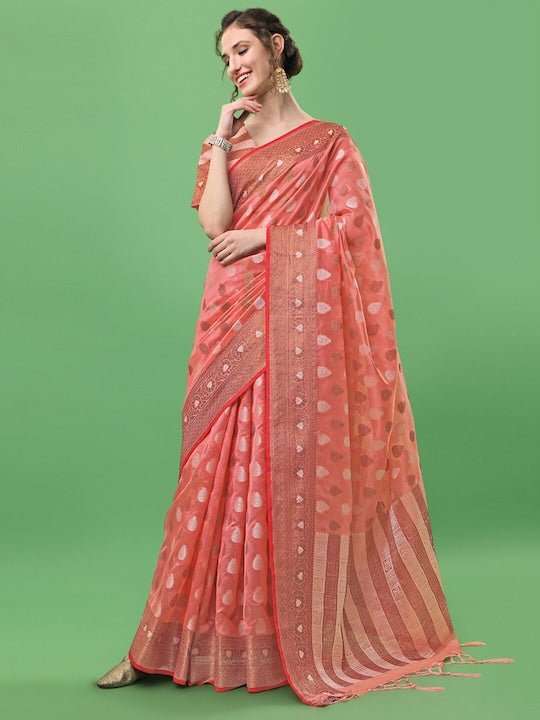 Pink & Gold-Toned Ethnic Motifs Zari Organza Saree - Inddus.com