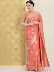 Pink & Gold-Toned Ethnic Motifs Zari Saree - Inddus.com