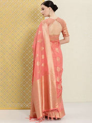 Pink & Gold-Toned Ethnic Motifs Zari Saree - Inddus.com