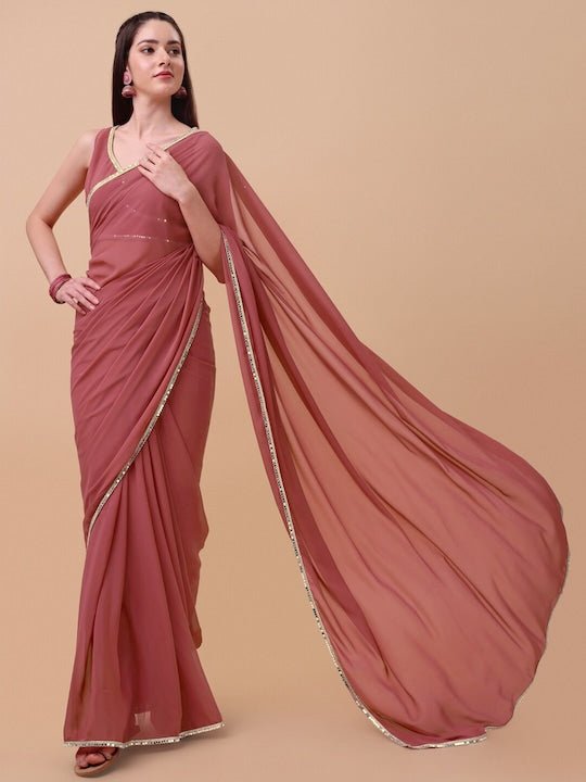 Pink & Gold-Toned Sequinned Saree - Inddus.com
