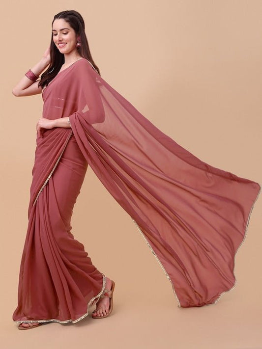 Pink & Gold-Toned Sequinned Saree - Inddus.com