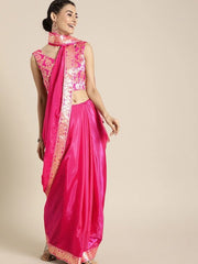 Pink & Gold-Toned Woven Design Border Saree