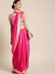 Pink & Gold-Toned Woven Design Border Saree