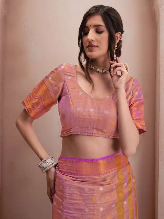 Pink & Gold-Toned Woven Design Zari Silk Blend Saree - Inddus.com