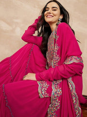 Pink & Gold Toned Yoke Design Embroidered Straight Kurta With Sharara & Dupatta - Inddus.com