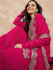 Pink & Gold Toned Yoke Design Embroidered Straight Kurta With Sharara & Dupatta - Inddus.com