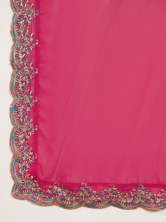 Pink & Gold Toned Yoke Design Embroidered Straight Kurta With Sharara & Dupatta - Inddus.com
