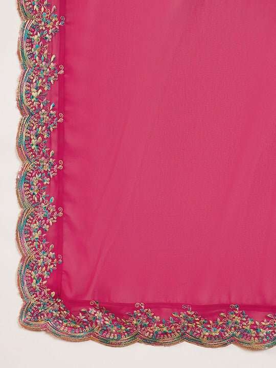 Pink & Gold Toned Yoke Design Embroidered Straight Kurta With Sharara & Dupatta - Inddus.com
