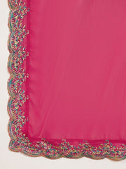Pink & Gold Toned Yoke Design Embroidered Straight Kurta With Sharara & Dupatta - Inddus.com