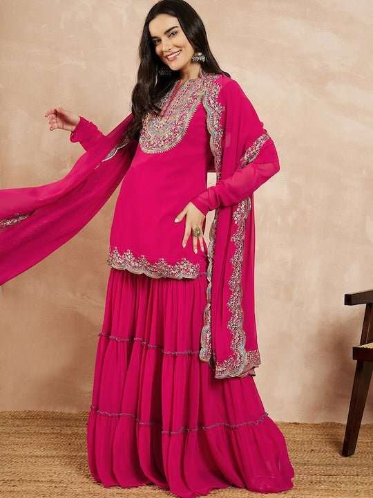 Pink & Gold Toned Yoke Design Embroidered Straight Kurta With Sharara & Dupatta - Inddus.com