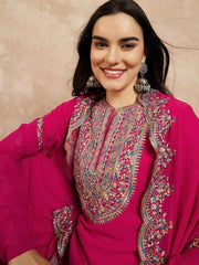 Pink & Gold Toned Yoke Design Embroidered Straight Kurta With Sharara & Dupatta - Inddus.com