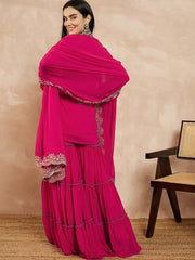 Pink & Gold Toned Yoke Design Embroidered Straight Kurta With Sharara & Dupatta - Inddus.com