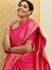 Pink & Golden Checked Embroidered Silk Blend Jashn Banarasi Saree - Inddus.com