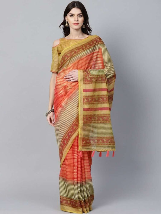 Pink & Green Dual-Toned Art Silk Printed Saree - inddus-us