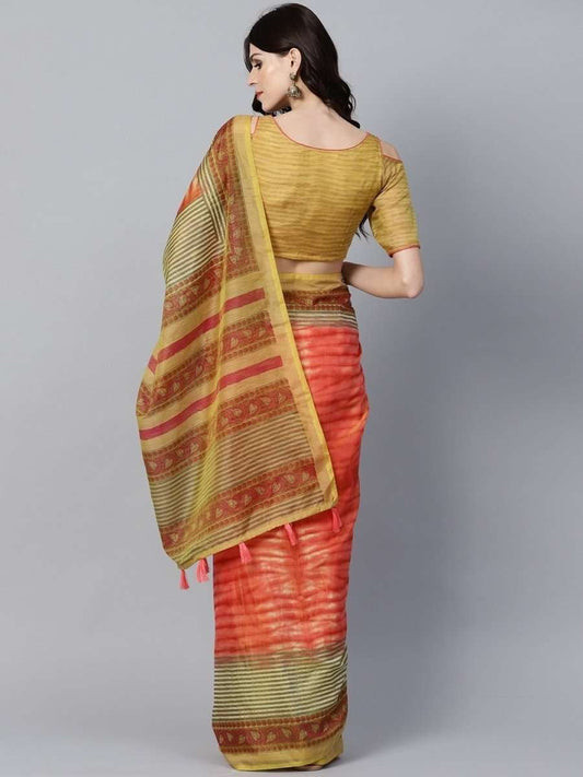 Pink & Green Dual-Toned Art Silk Printed Saree - inddus-us