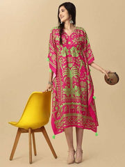 Pink & Green Tropical Printed Kaftan Kurta - Inddus.com