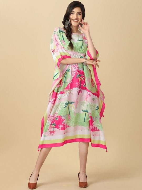 Pink & Green Tropical Printed Kaftan Kurta With Tassel Details - Inddus.com