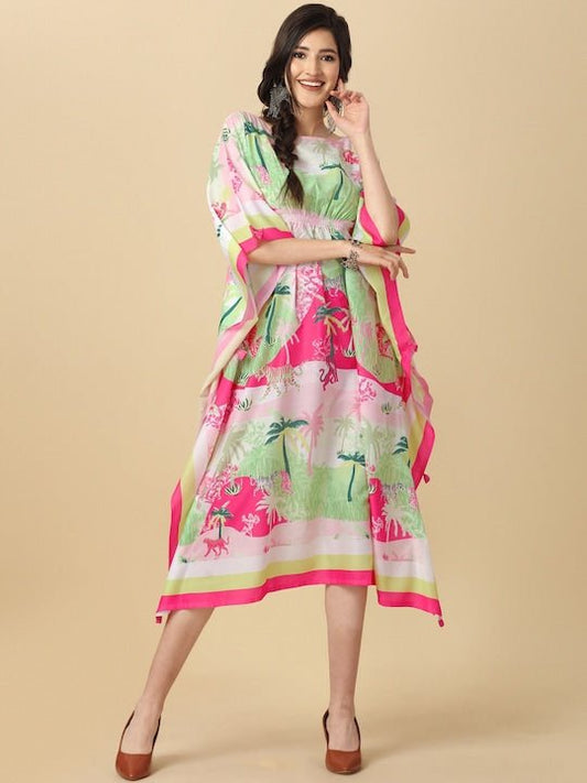 Pink & Green Tropical Printed Kaftan Kurta With Tassel Details - Inddus.com