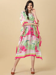 Pink & Green Tropical Printed Kaftan Kurta With Tassel Details - Inddus.com