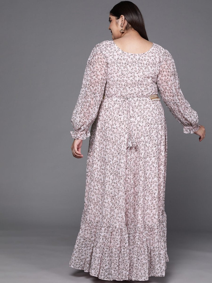 Pink & Grey Floral Print Georgette Ethnic Maxi Dress - Inddus.com