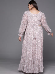 Pink & Grey Floral Print Georgette Ethnic Maxi Dress - Inddus.com