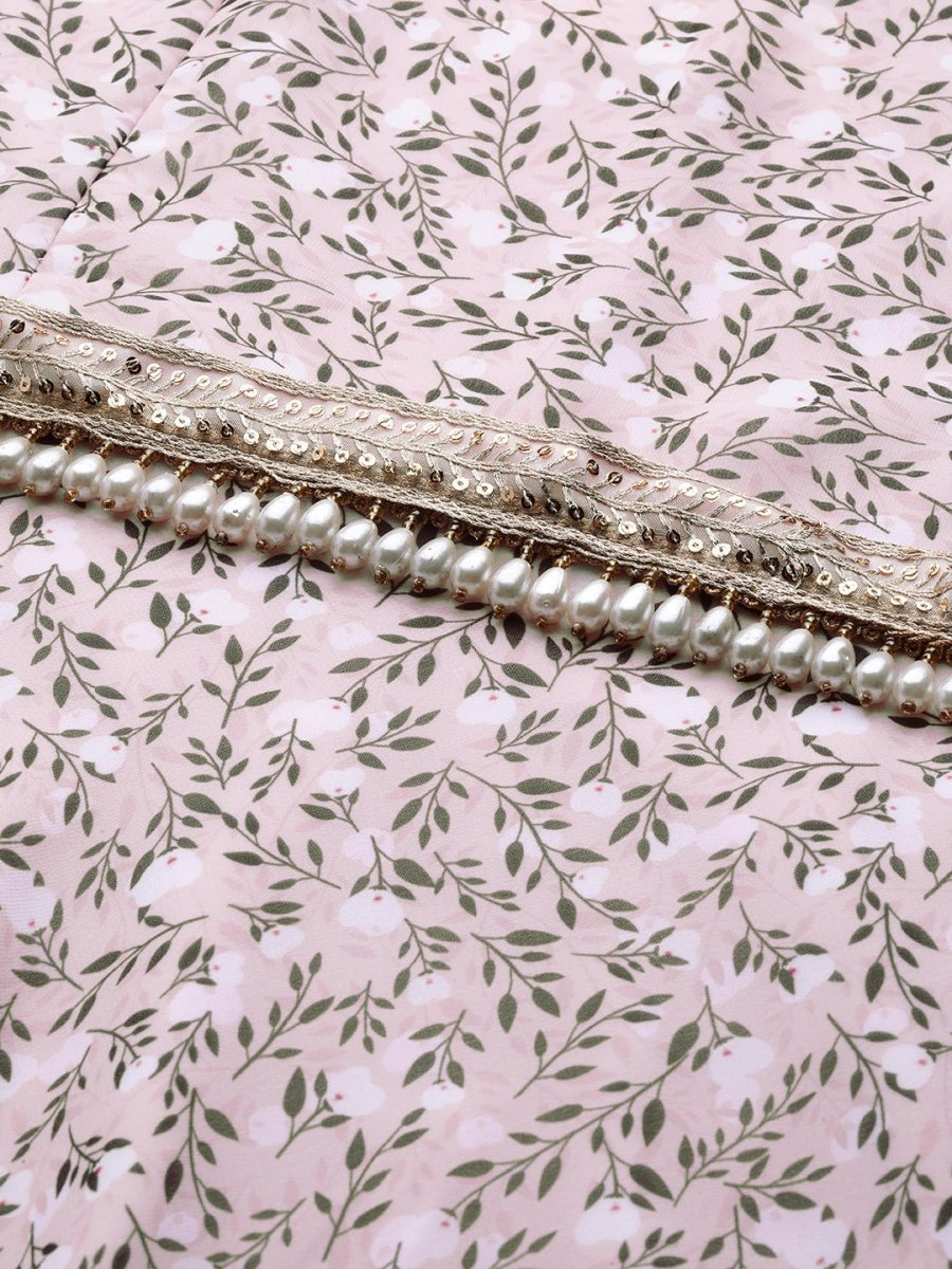 Pink & Grey Floral Print Georgette Ethnic Maxi Dress - Inddus.com