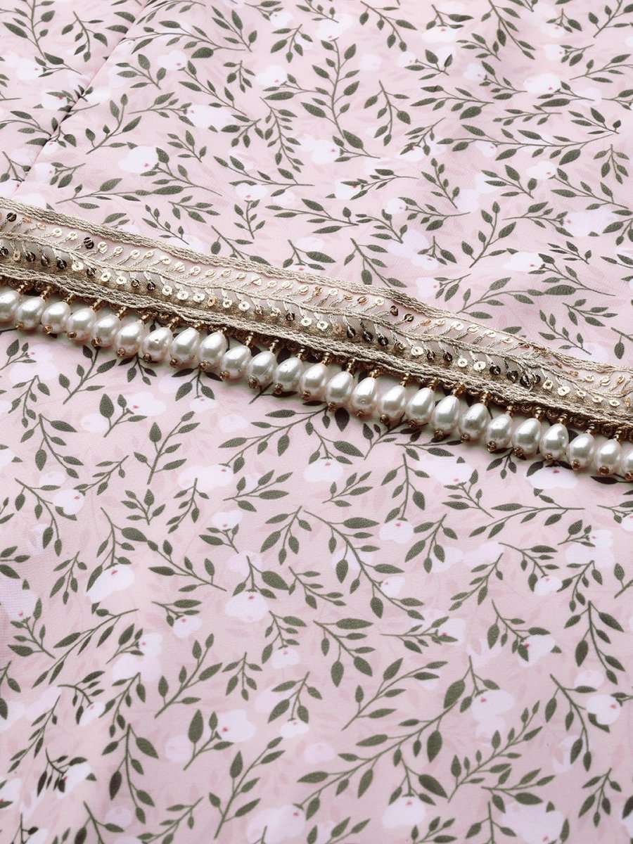 Pink & Grey Floral Print Georgette Ethnic Maxi Dress - Inddus.com