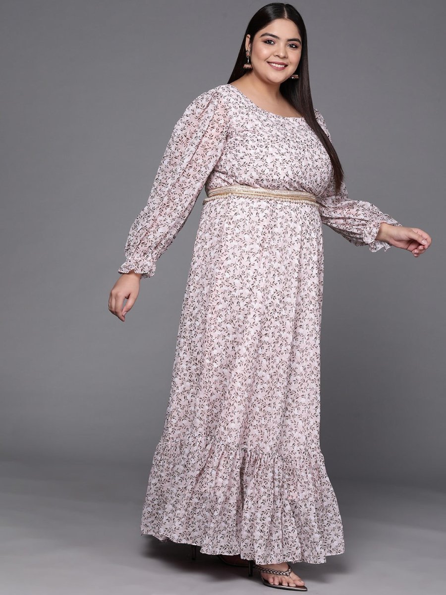 Pink & Grey Floral Print Georgette Ethnic Maxi Dress - Inddus.com