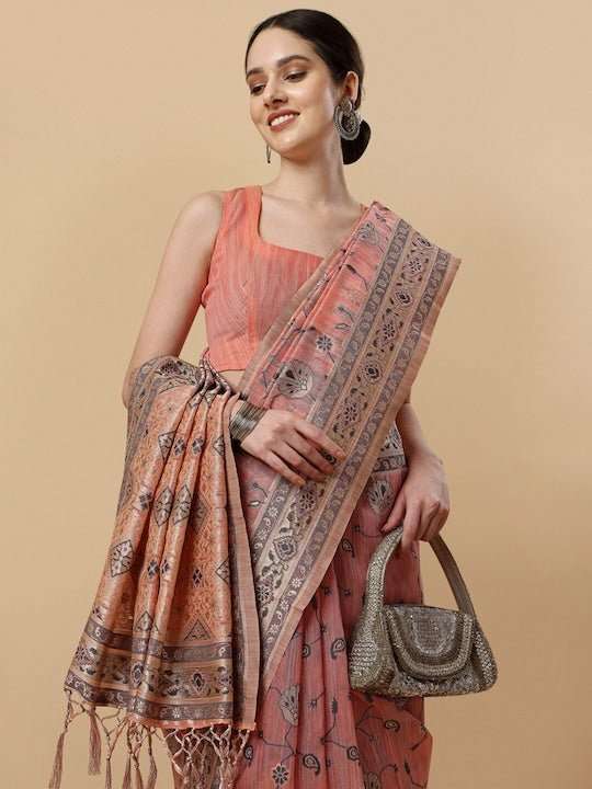 Pink & Grey Woven Design Zari Saree - Inddus.com