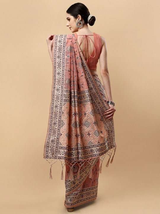 Pink & Grey Woven Design Zari Saree - Inddus.com