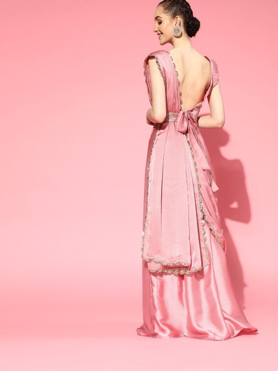 Pink Laced Stitched Pleated Lehenga Saree with Blouse Piece and Laced Belt - inddus-us