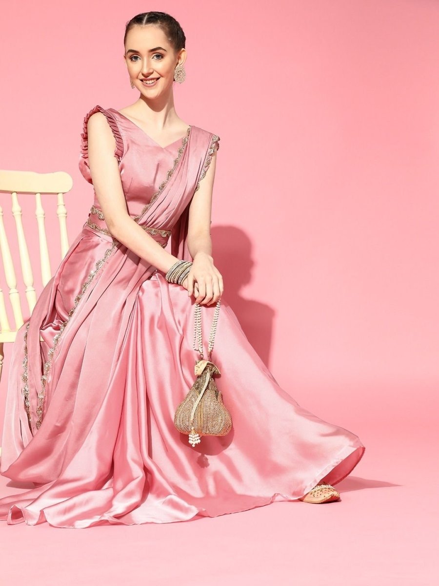 Pink Laced Stitched Pleated Lehenga Saree with Blouse Piece and Laced Belt - inddus-us