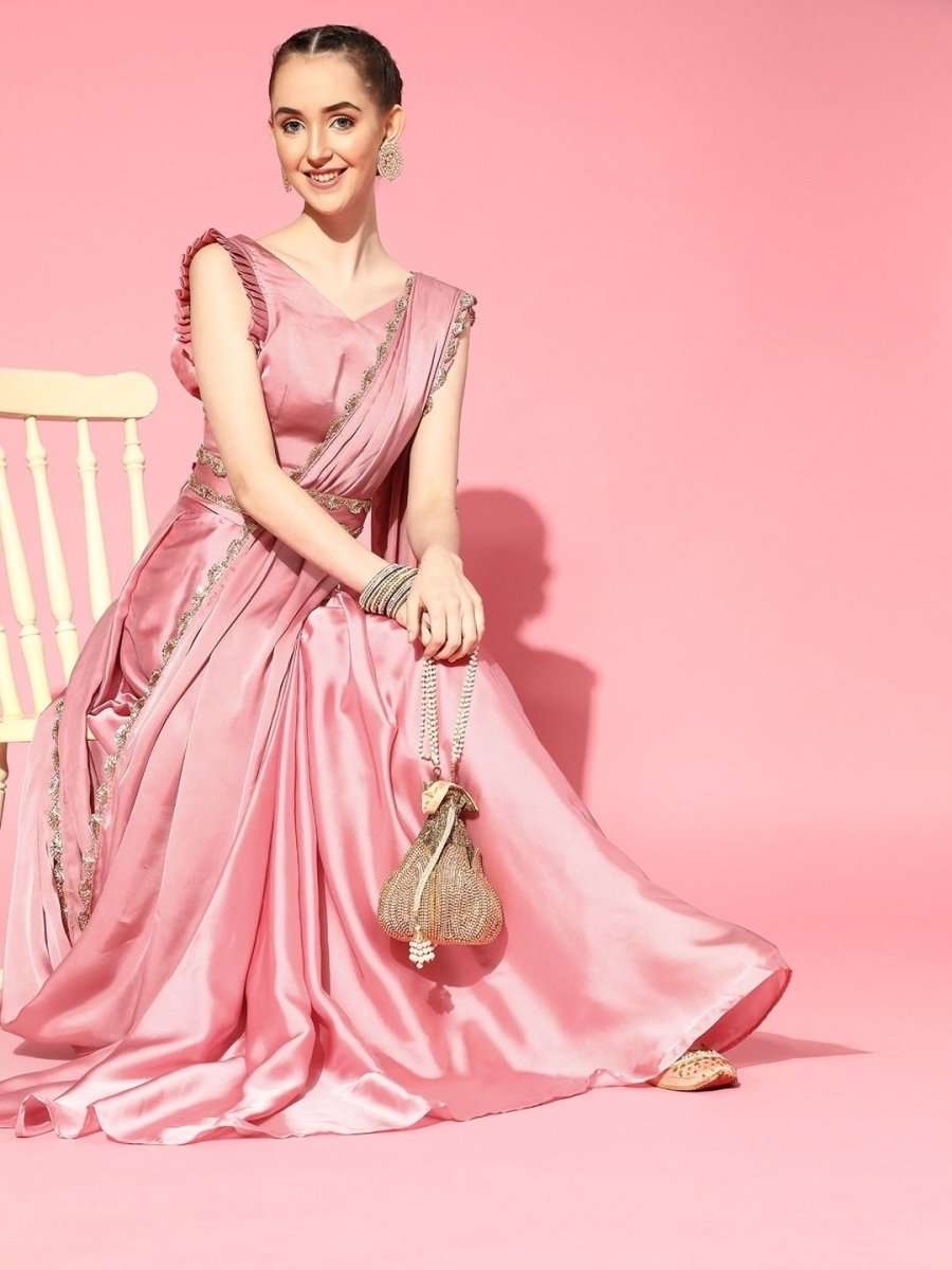 Pink Laced Stitched Pleated Lehenga Saree with Blouse Piece and Laced Belt - inddus-us