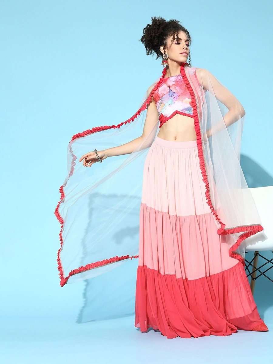 Pink Lehenga with Blouse and Dupatta - Inddus.com