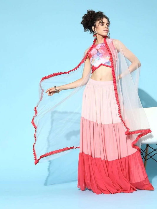 Pink Lehenga with Blouse and Dupatta - Inddus.com
