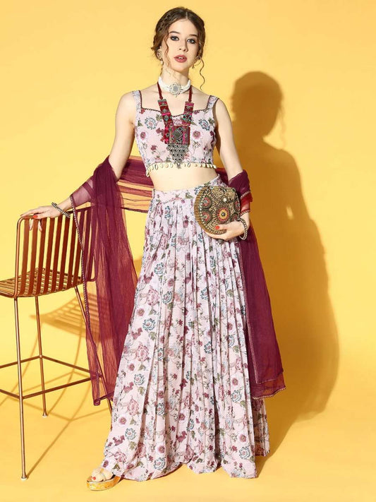 Pink & Maroon Floral Printed Semi-Stitched Lehenga & Unstitched Choli With Dupatta - Inddus.com