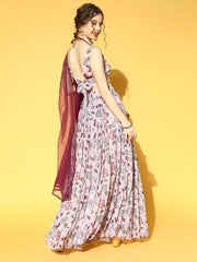 Pink & Maroon Floral Printed Semi-Stitched Lehenga & Unstitched Choli With Dupatta - Inddus.com