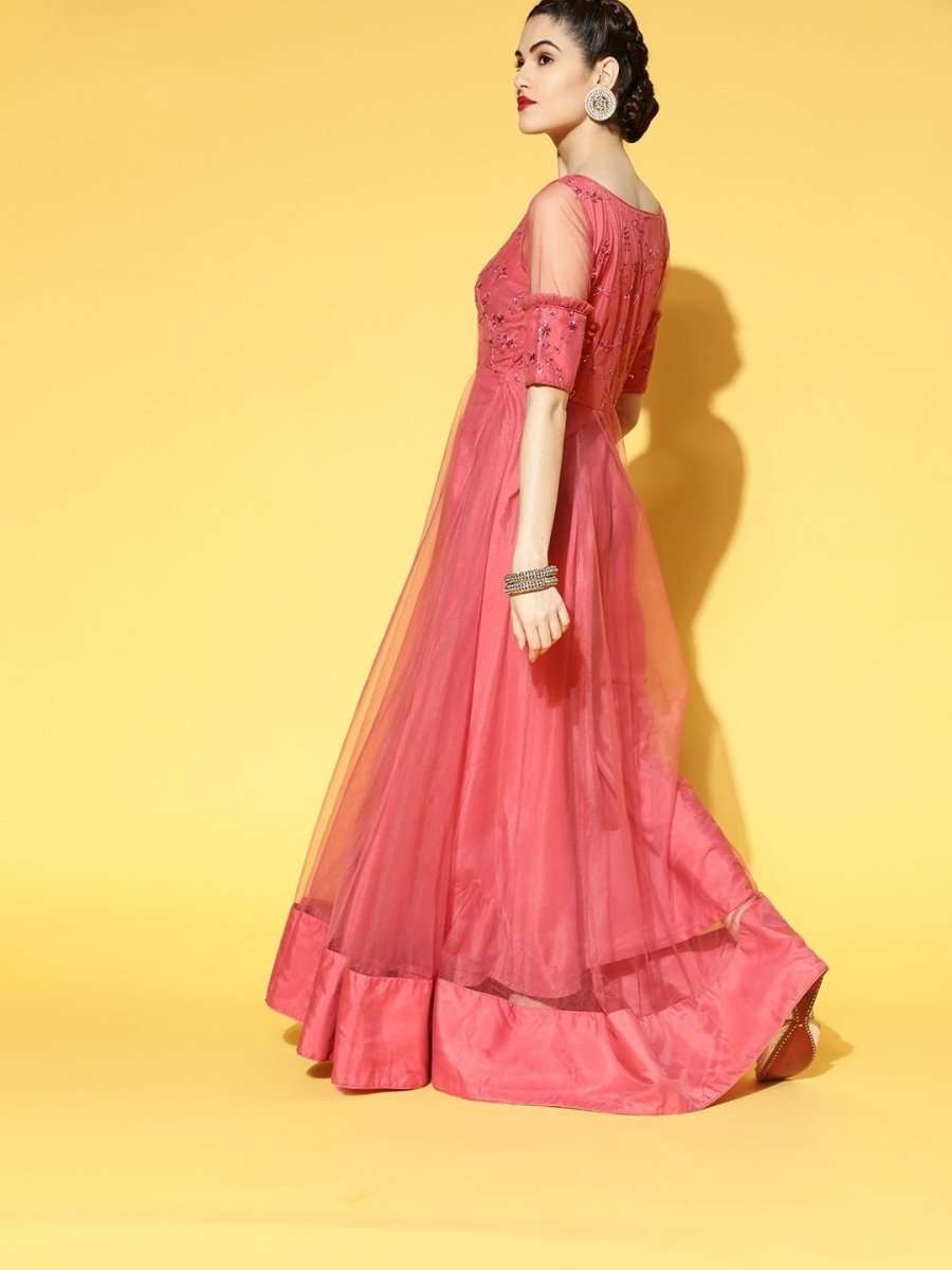 Pink Net Embellished Sequinned Embroidered Gown - Inddus.com