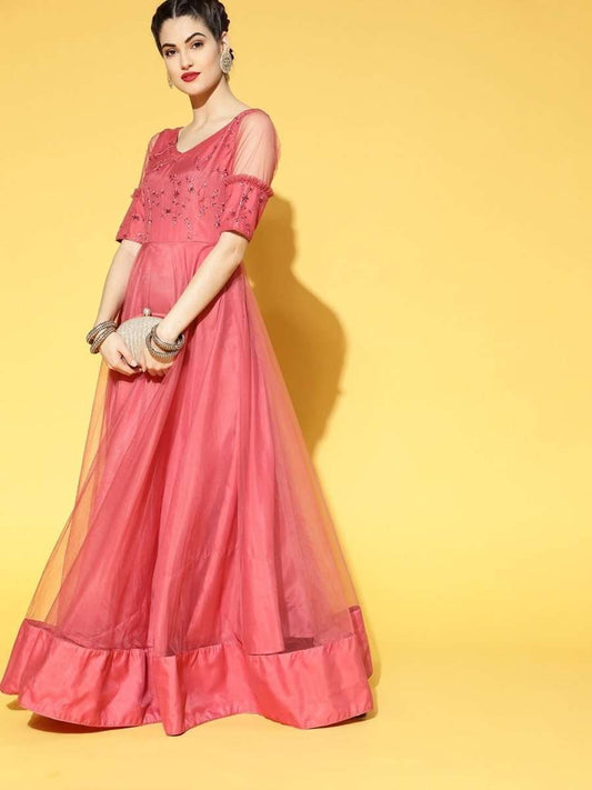 Pink Net Embellished Sequinned Embroidered Gown - Inddus.com