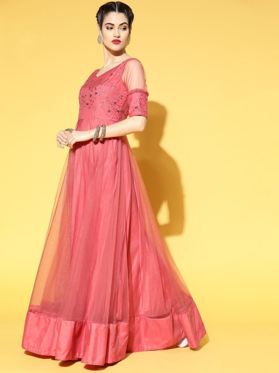 Pink Net Embellished Sequinned Embroidered Gown - Inddus.com