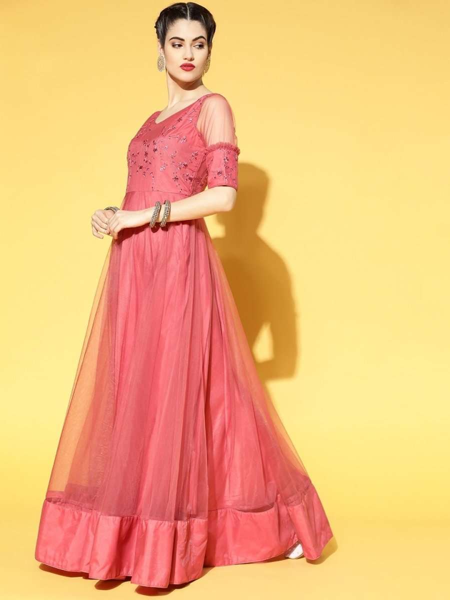 Pink Net Embellished Sequinned Embroidered Gown - Inddus.com