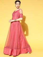 Pink Net Embellished Sequinned Embroidered Gown - Inddus.com