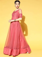 Pink Net Embellished Sequinned Embroidered Gown - Inddus.com